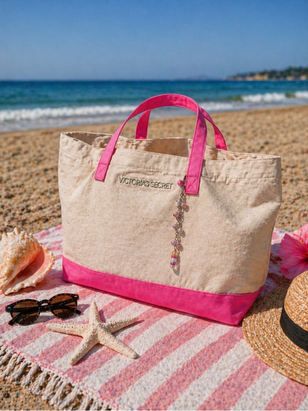 Victoria’s Secret Canvas Beach Tote | Pink Coastal Carryall Bag